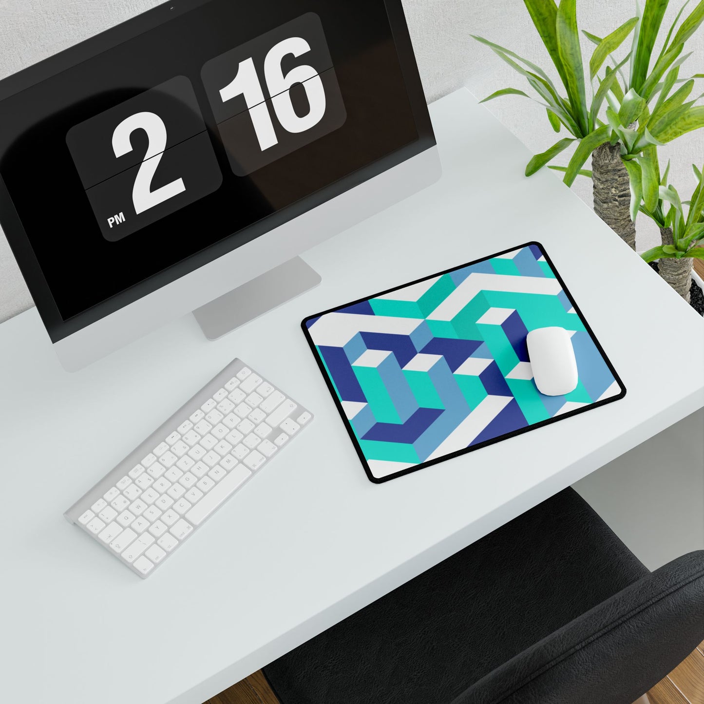 Geometric Illusion Desk Mat — Blue Teal Isometric Gaming/Office Mousepad