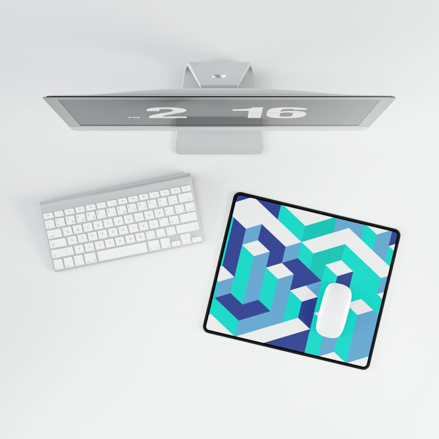 Geometric Illusion Desk Mat — Blue Teal Isometric Gaming/Office Mousepad